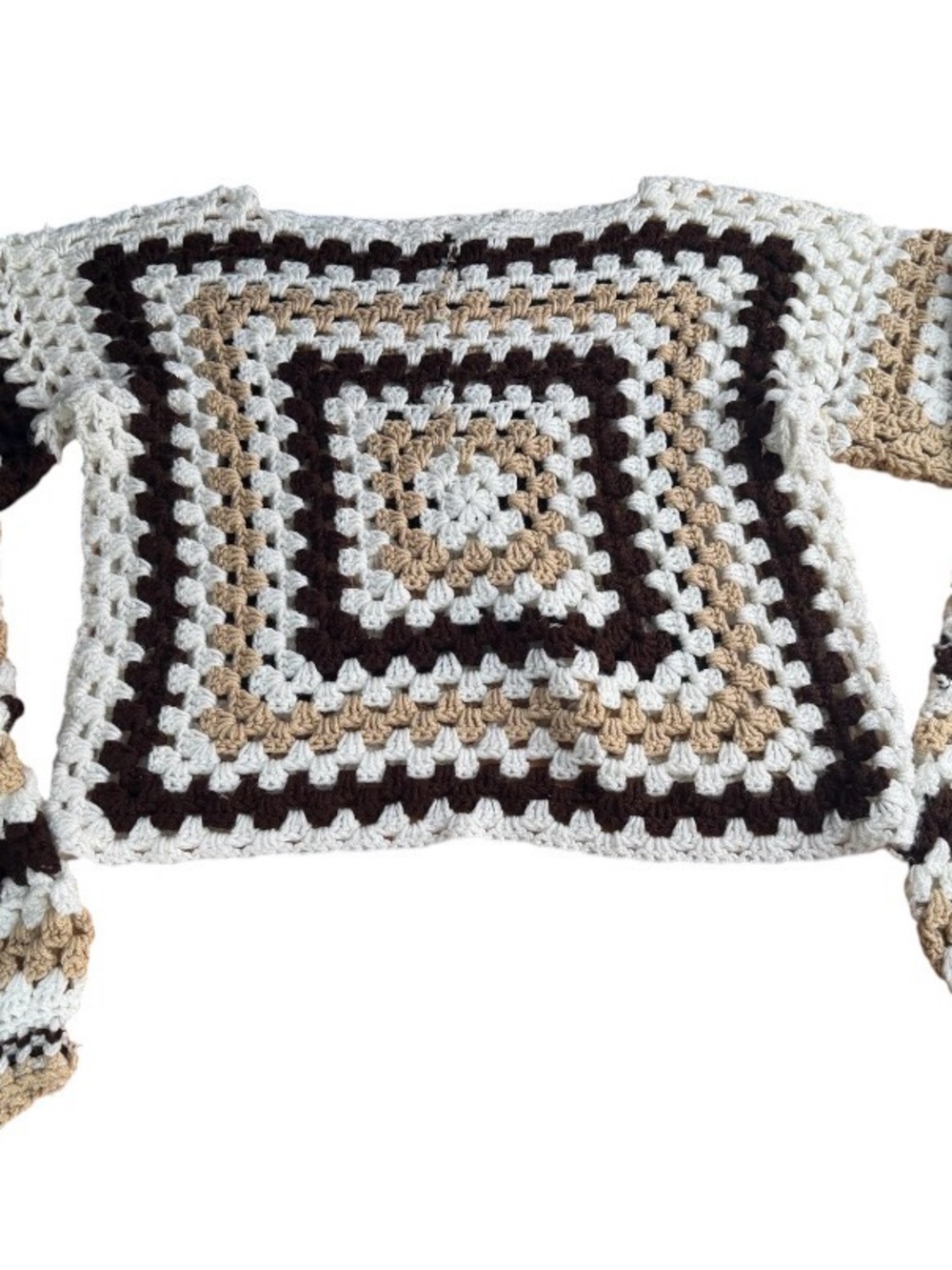 Vintage Handmade Crochet Granny Square Sweater Pullover Boho Neutral Cream Brown